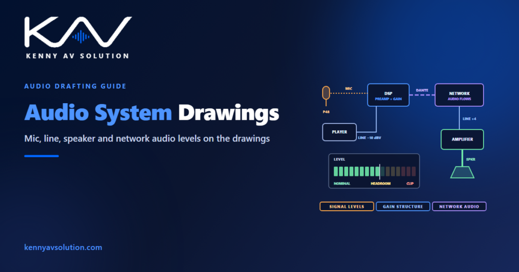 Audio chain from a phantom-powered microphone and a media player through a DSP, network audio and an amplifier to a loudspeaker, each connection labelled MIC, LINE, DANTE or SPKR, with a level meter showing headroom