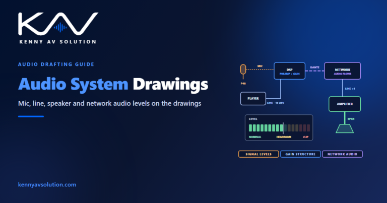 Audio chain from a phantom-powered microphone and a media player through a DSP, network audio and an amplifier to a loudspeaker, each connection labelled MIC, LINE, DANTE or SPKR, with a level meter showing headroom