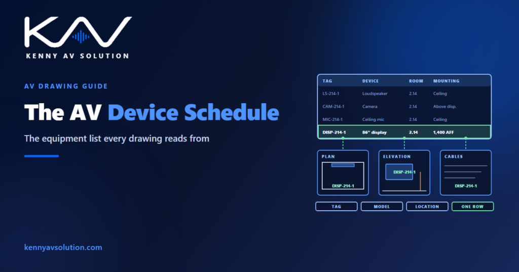 A device schedule with the row for display DISP-214-1 highlighted and linked to a plan, an elevation and a cable schedule that all show the same tag
