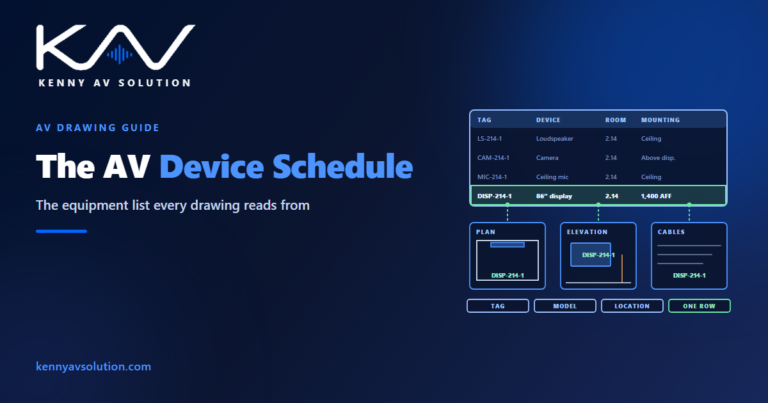 A device schedule with the row for display DISP-214-1 highlighted and linked to a plan, an elevation and a cable schedule that all show the same tag