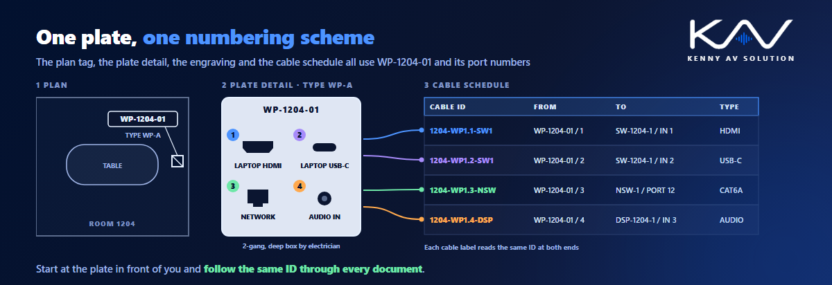 A wall plate traced through three documents: the plan tag WP-1204-01, the plate detail with four numbered ports and engraving, and the cable schedule rows whose cable IDs reference each plate port