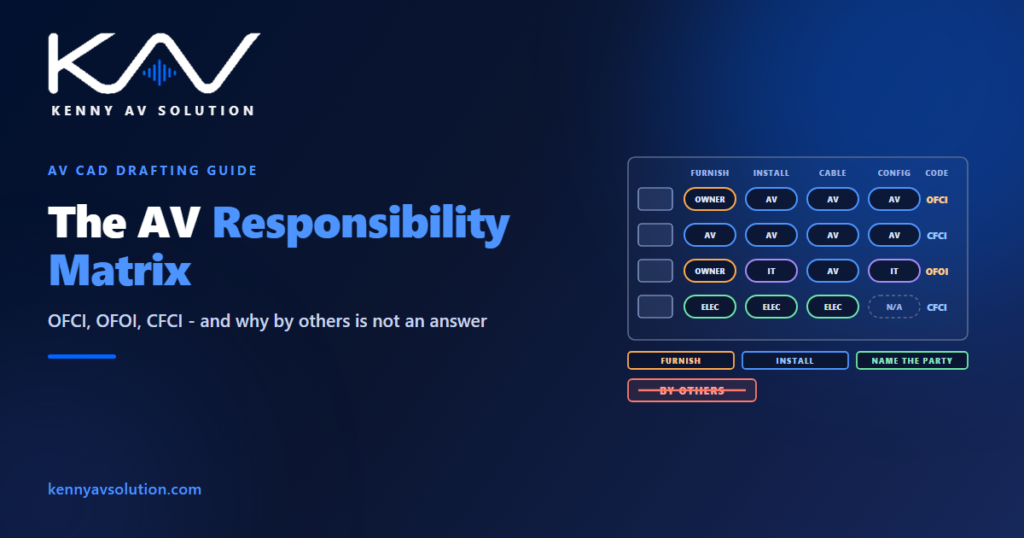 The AV responsibility matrix: a grid of furnish, install, cable and configure columns with named parties and OFCI, CFCI and OFOI codes, and a struck-through by others note