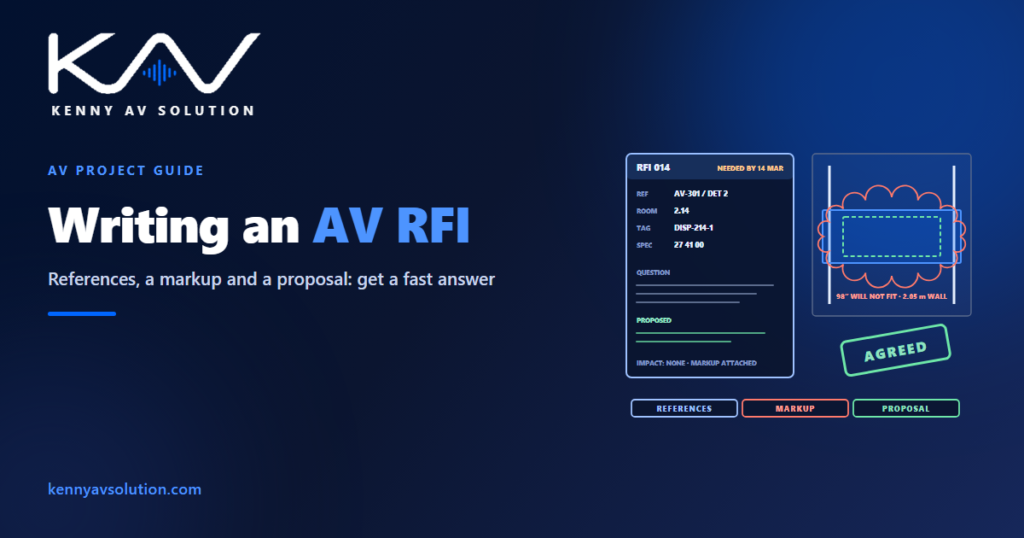 An RFI form with number, needed-by date, references, question and proposal beside a wall elevation with a revision cloud around a display that will not fit, stamped agreed