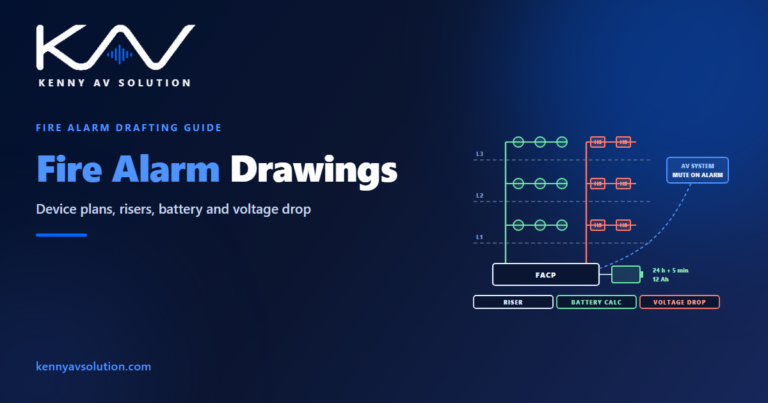 Fire alarm drawings: a riser diagram with the fire alarm control panel, detector and notification circuits on three floors, a battery sized for 24 hours plus 5 minutes, and an AV mute interface
