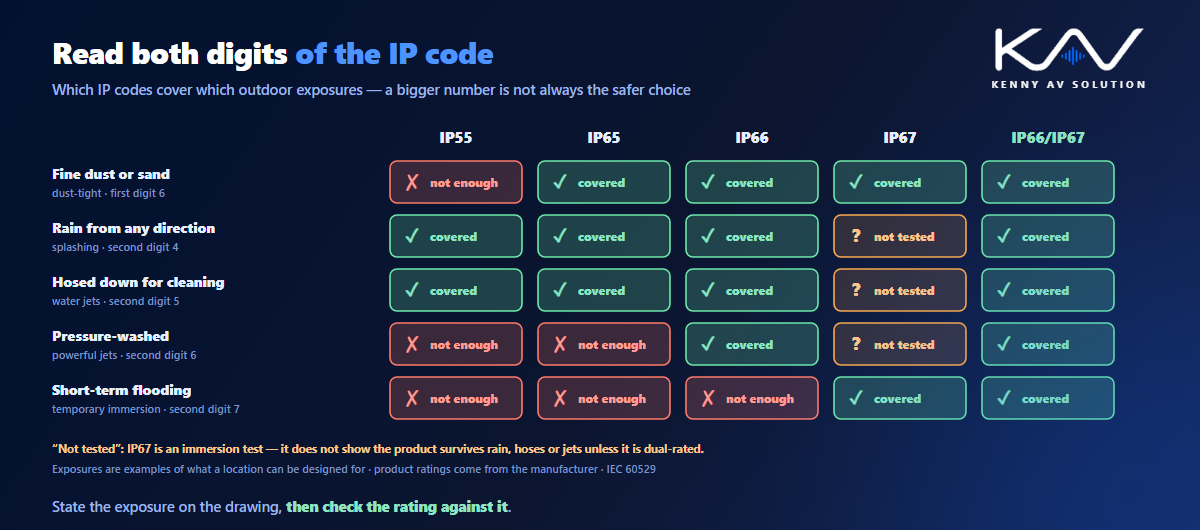 Matrix of IP codes against outdoor exposures: IP55, IP65, IP66, IP67 and IP66/IP67 checked for fine dust, rain, hosing, pressure washing and short-term flooding, showing IP67 alone is not tested against rain or jets while IP66/IP67 covers all five