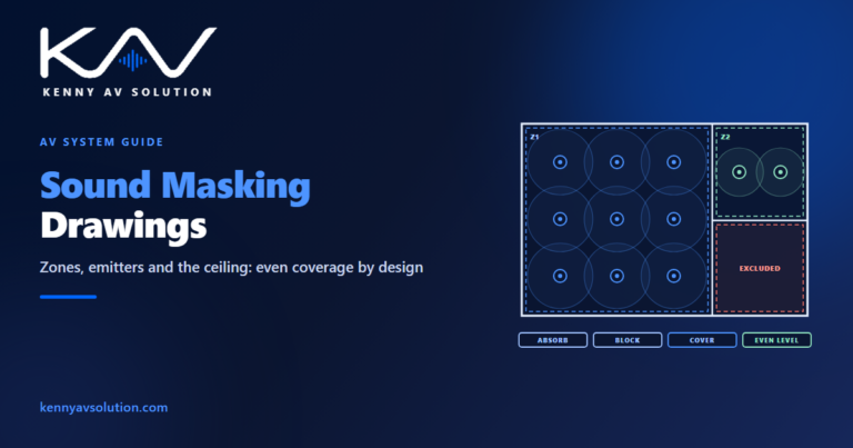 A ceiling plan with an even grid of sound masking emitters and overlapping coverage rings, an office zone and an excluded room, tagged absorb, block, cover and even level