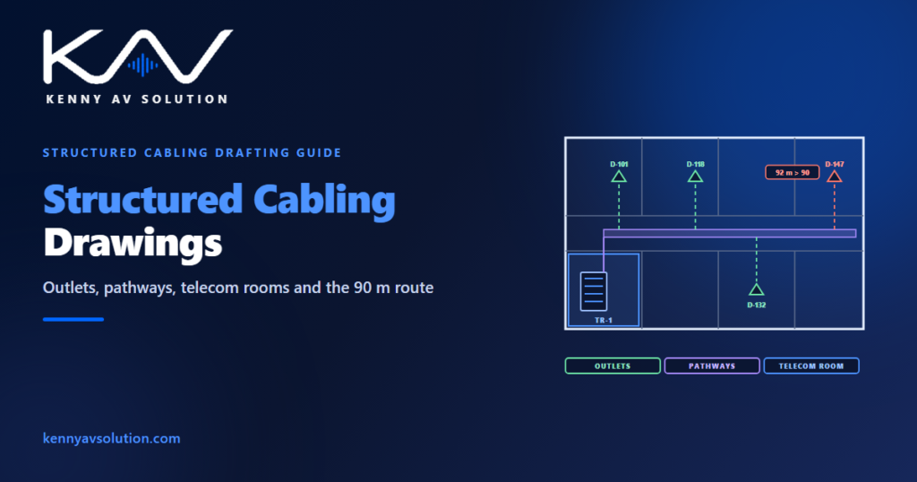 Floor plan with a telecom room and rack, a cable tray along the corridor and labelled data outlets, the farthest flagged at 92 m against the 90 m limit