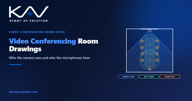 Meeting room plan with a display and camera on the front wall, the camera field of view, a table with seats and two ceiling microphone pickup zones